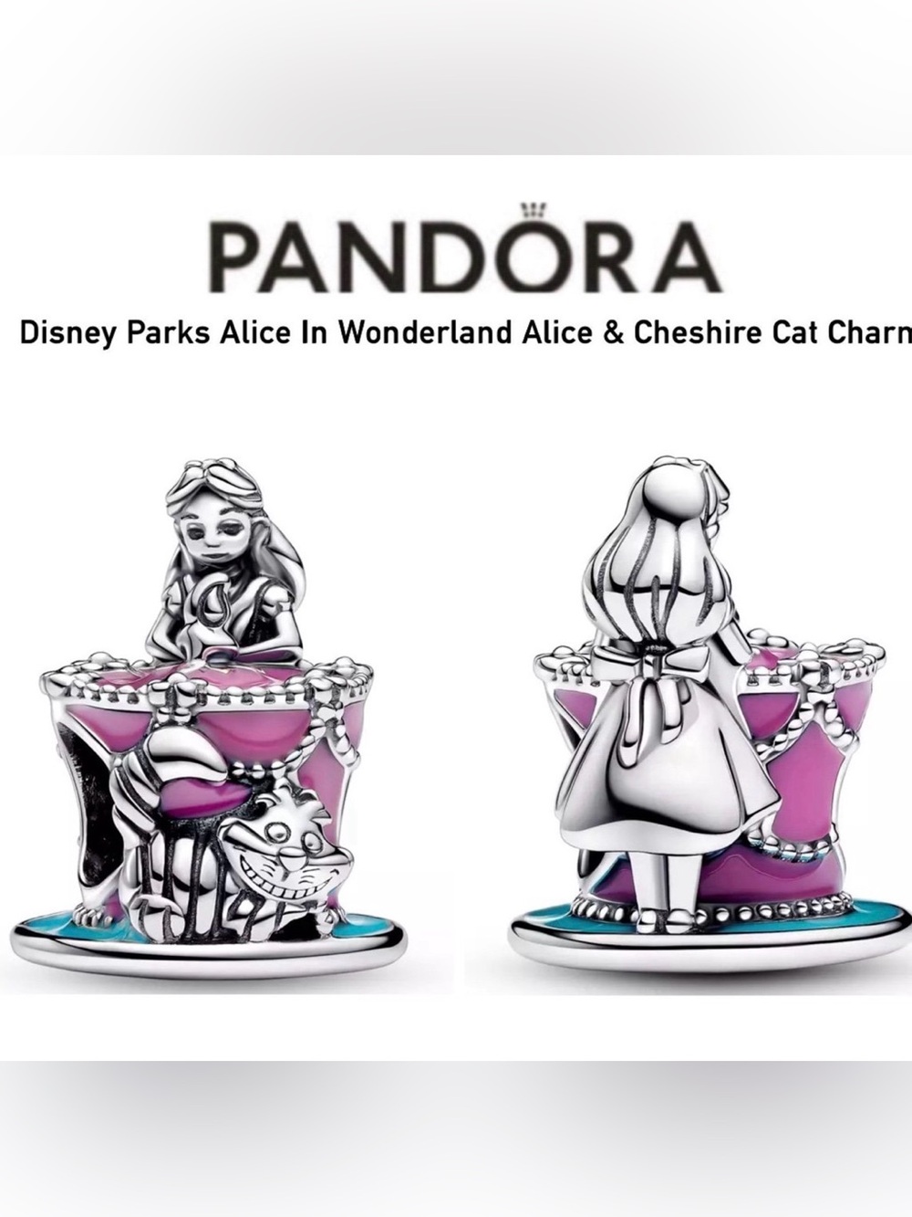 PANDORA Disney Parks Alice In Wonderland Alice and Cheshire Cat Charm w/box